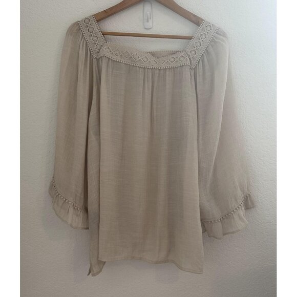 Zac & Rachel Blouse Womens XL Beige Crochet Peasant Boho Flowy Cottagecore‎ - Picture 4 of 9